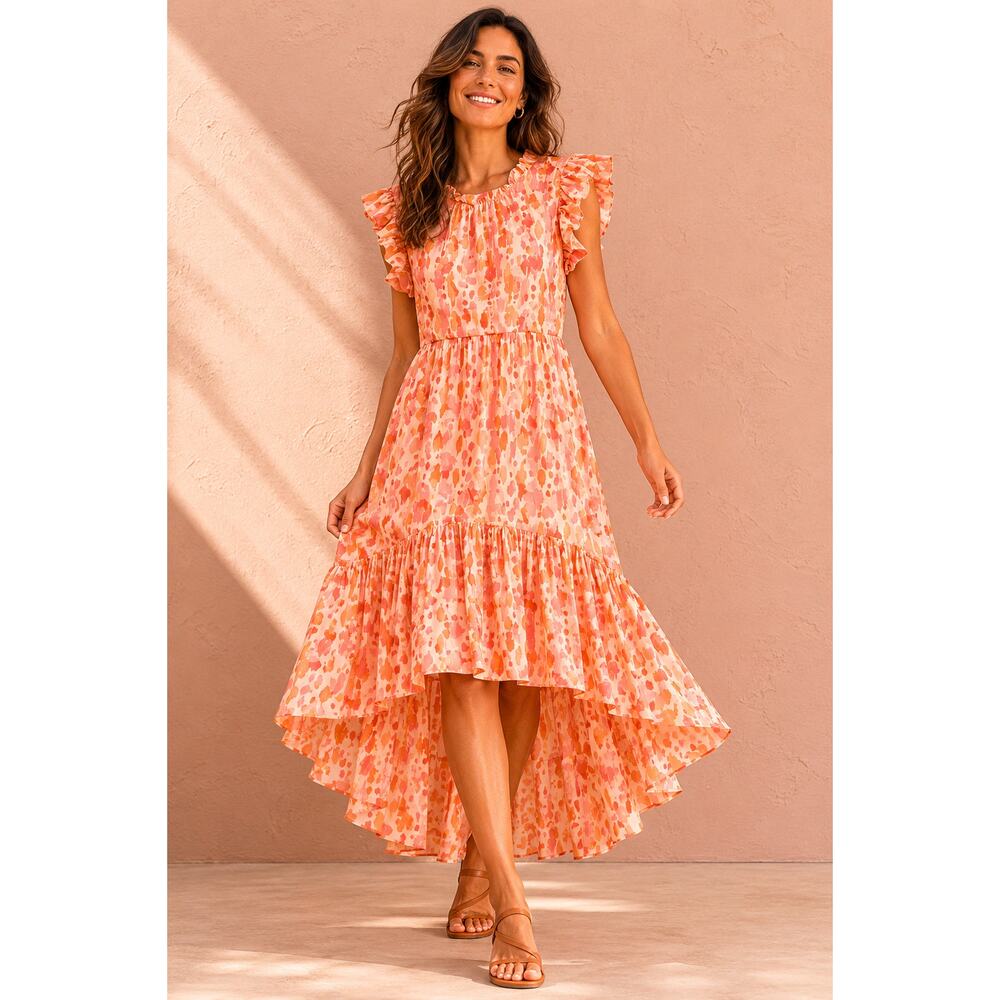 Karlie Ruffle High Low Dress Women’s Small Pink Orange Floral NWOT